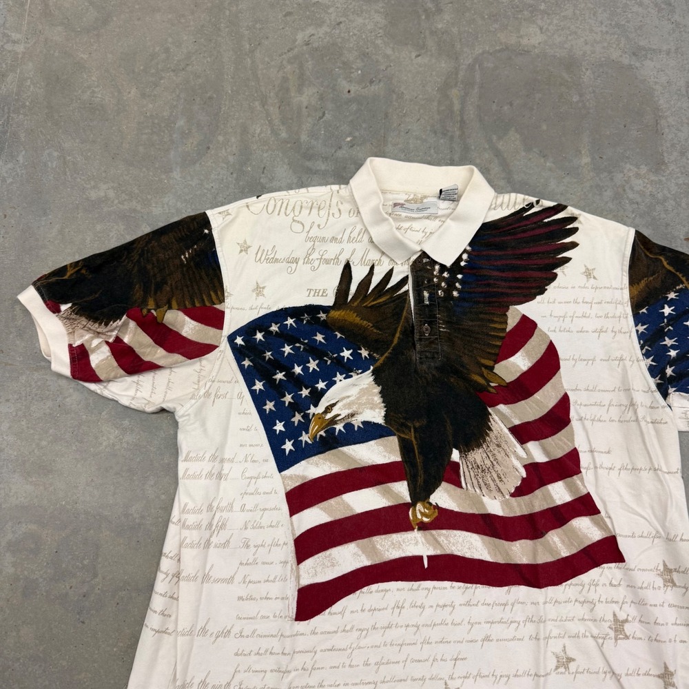 90s Mens American Summer Eagle Flag Constitution All Over Print Polo Shirt XXL - Picture 2 of 7